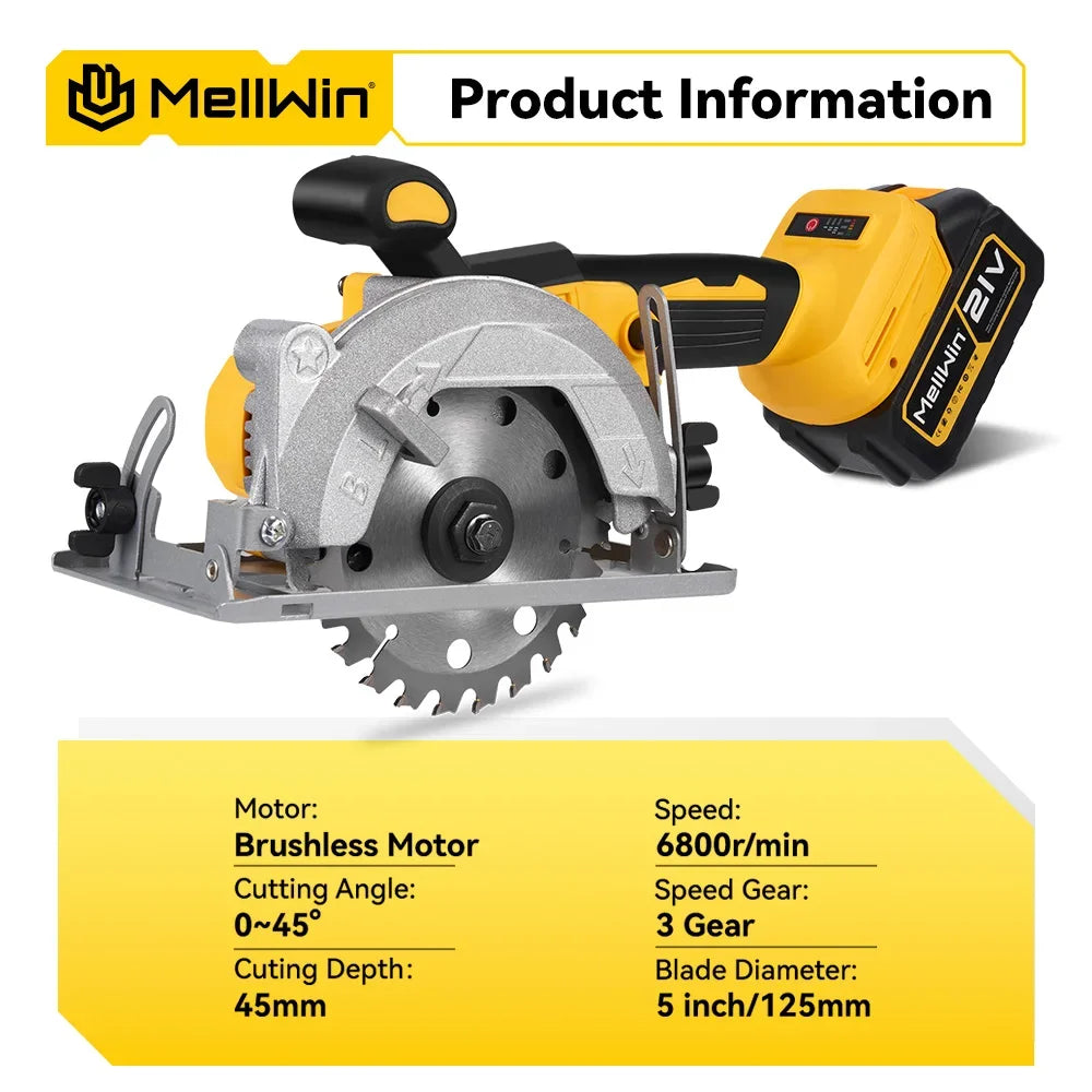 Makita Compatible 18V MELLWIN 5 Inch Electric Brushless Circular Saw 125MM Cordless Multi-Angle Saw Woodworking Power Tool For Makita 18V Battery Pin