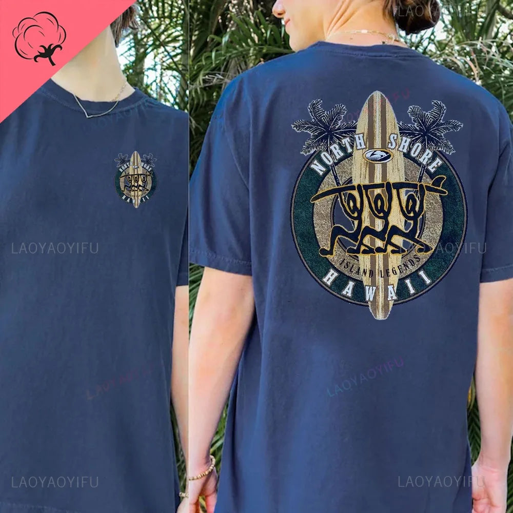 Hawaiian Traditions North Shore JV Printed Hawaii Surfing Men Women White High Qulaty Cotton T-shirt Comfortable Beach-style Surf Tee Tops