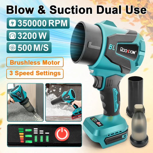 Makita Compatible 18V JV RDDSPON Cordless Electric Air Blower 2 In 1 Blowing Suction 3200W 350000RPM Brushless Turbo Jet Fan 3 Gear Adjustable Power Tool