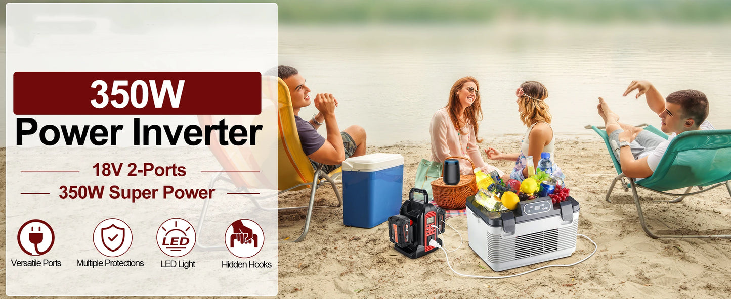 Milwaukee Compatible 18V JV 350W Power Supply Inverter For Milwaukee M18 18V Battery 4-Port to AC 110-120V/220-230V 300LM LED Light 4 USB Output for Outdoor