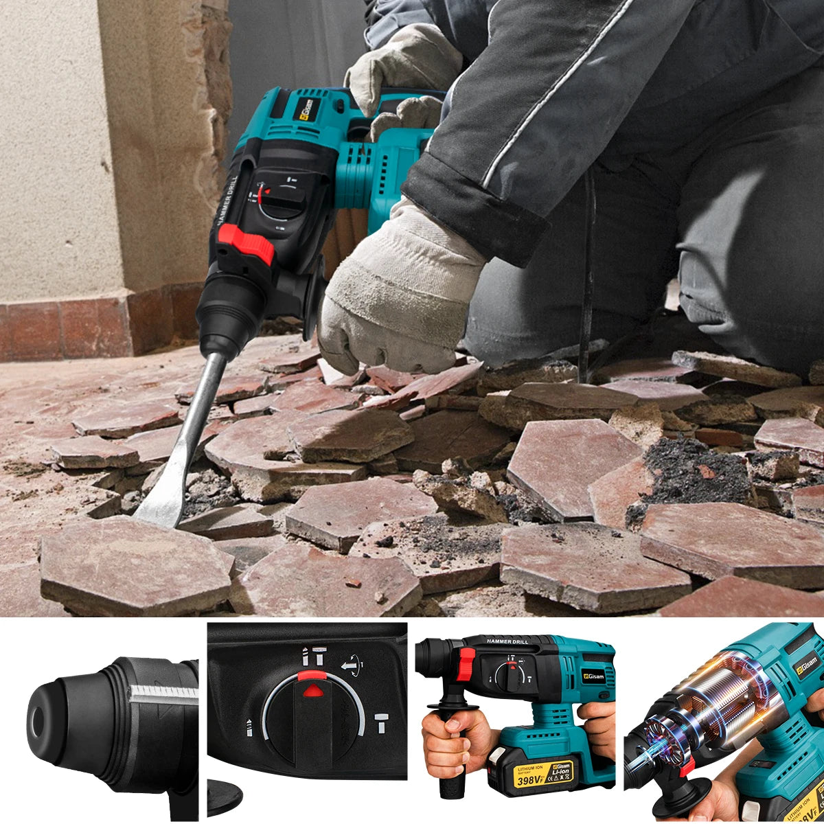 Makita Compatible 18V Gisam 26MM Brushless Electric Hammer Drill Multifunctional Cordless Rotary Hammer Impact Drill Tool For Makita 18V Battery Pin
