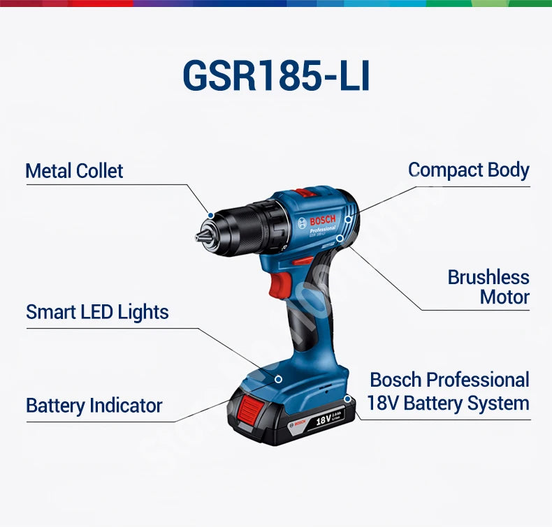BOSCH GSR 185-LI Cordless Drill Driver Screwdriver For Metal Wood Wall 18V Professional Brushless Motor Power Tool GSR185-LI
