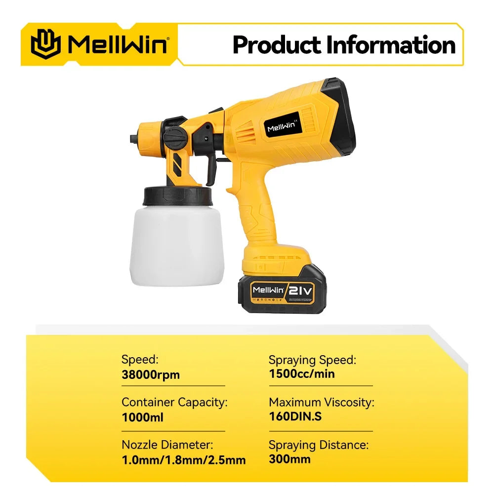 Makita Compatible 18V MELLWIN 1000ML Cordless Electric Spray Gun Household Paint Sprayer Furniture Steel Coating Airbrush For Makita 18V Battery Pin