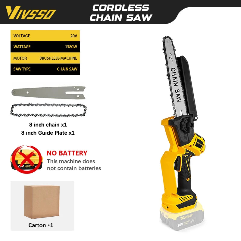 DeWalt Compatible JV 18V 20V Max VIVSSO Electric Chain Saw Rechargeable Woodworking Saw 8 Inch Mini Chain Saw Garden Pruning Saw Tool For Dewalt 20v Battery Pins