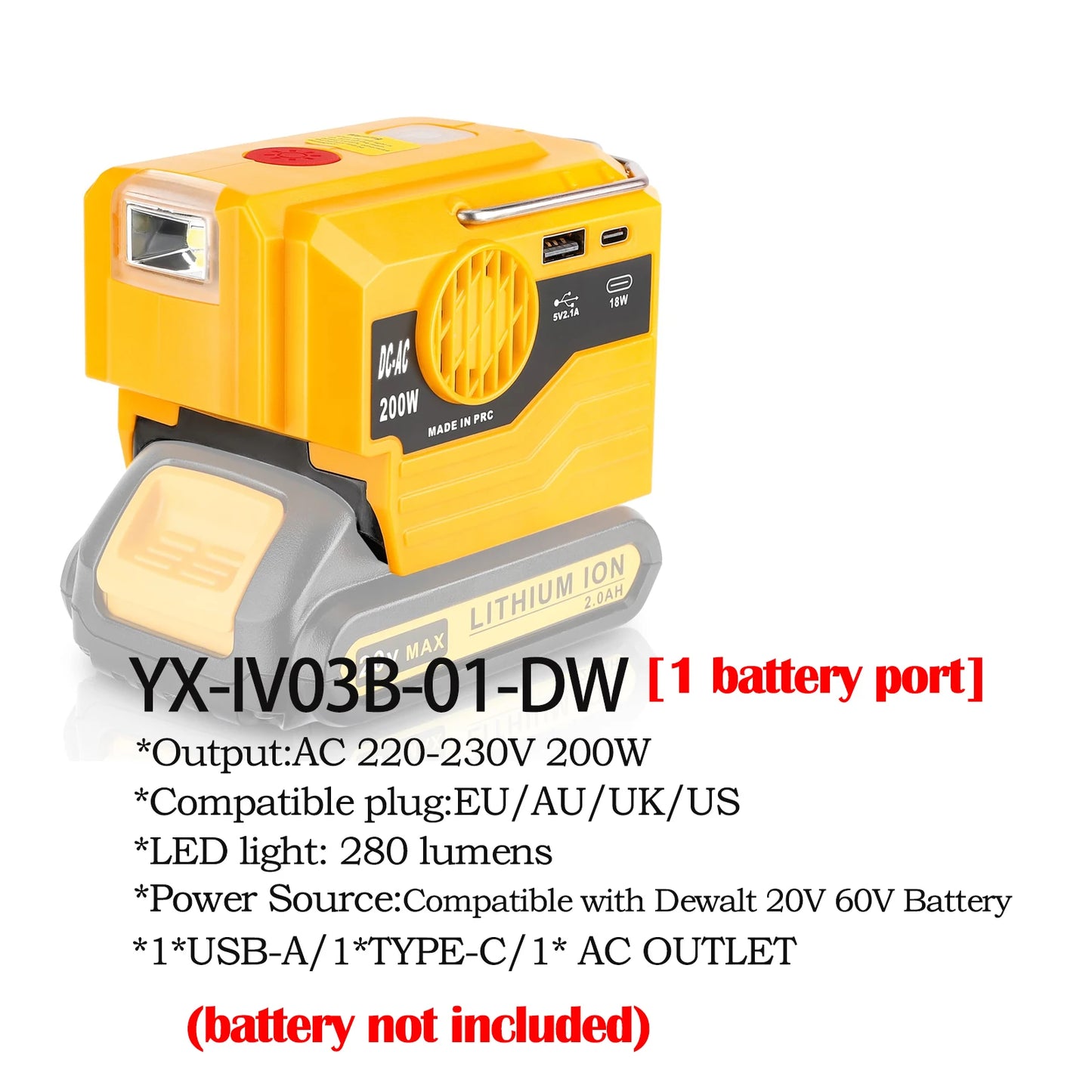 DeWalt Compatible 18V 20V Max JV 350W Output Portable Inverter for Dewalt 20V Max Battery Power Supply Source to AC 120V/220-230V Converter for Camping Emergency