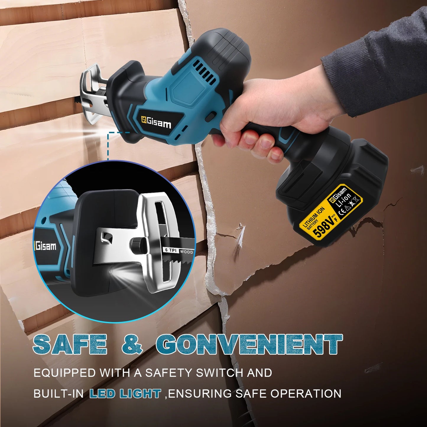 Makita Compatible 18V Gisam 12000Spm 3600W Brushless Reciprocating Saw Cordless Electric Chainsaw Wood Metal Cutting Tools For makita 18v battery pins