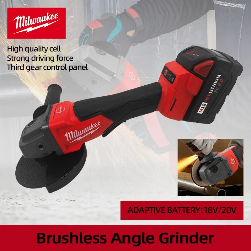 Milwaukee 18V 125mm and 100mm Brushless Angle Grinder Polishing Cutting Machine No-Lock Paddle Switch Electric Cordless Power Tools