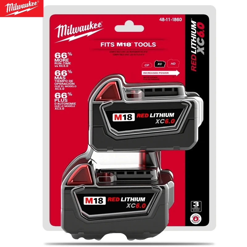 Milwaukee M18 6.0Ah Original 18V Rechargeable Li-ion Battery 18V 6.0Ah Long Cycle Life Replacement for M18B5 M18B6 Power Tools