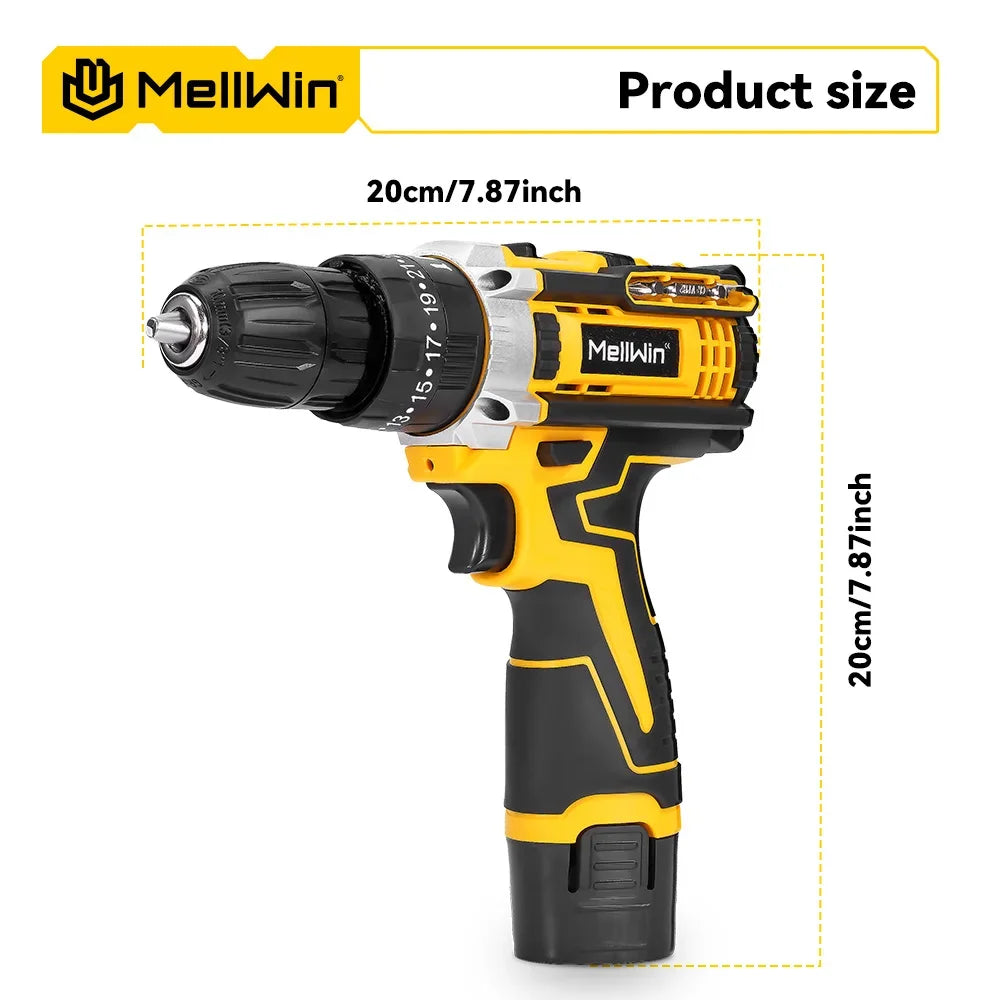 MELLWIN 25+3 Torque Electric Drill 12V Cordless Drill Electric Screwdriver 2 Gear Speed Adjustable Mini Electric Driver Tool Set