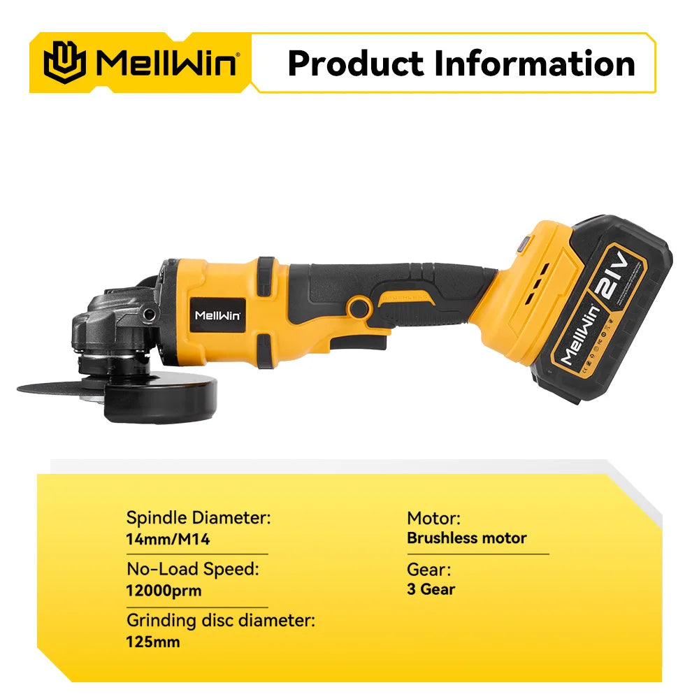 Makita Compatible 18V MELLWIN 125MM Brushless Electric Angle Grinder M14 Cordless Metal Wood Grinding Polishing Cutting Tool For Makita 18VBattery Pin