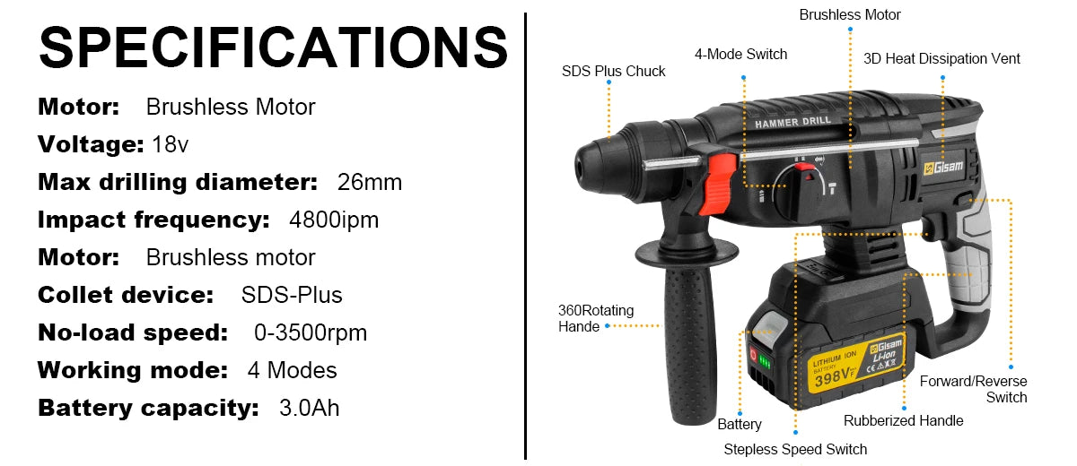 Gisam JV Brushless Electric Hammer Drill 26MM Multifunctional Cordless Rechargeable Screwdriver Tool For Makita 18V Battery Pins
