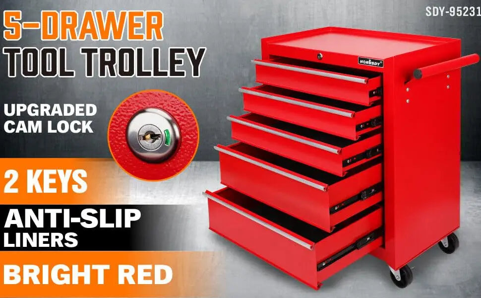 Tool Chest 5-Drawer Tool Cart, Lockable Storage Trolley Workshop Rolling Cabinet Tool Box Chest Organiser, 3" Swivel Wheels with Brake (Red
