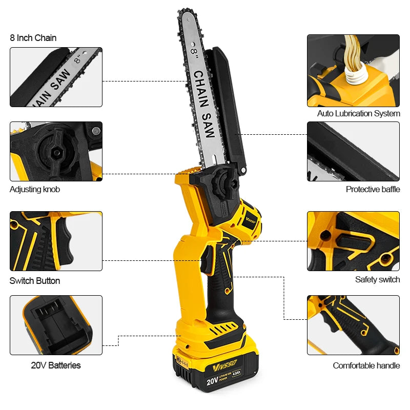 DeWalt Compatible JV 18V 20V Max VIVSSO Electric Chain Saw Rechargeable Woodworking Saw 8 Inch Mini Chain Saw Garden Pruning Saw Tool For Dewalt 20v Battery Pins