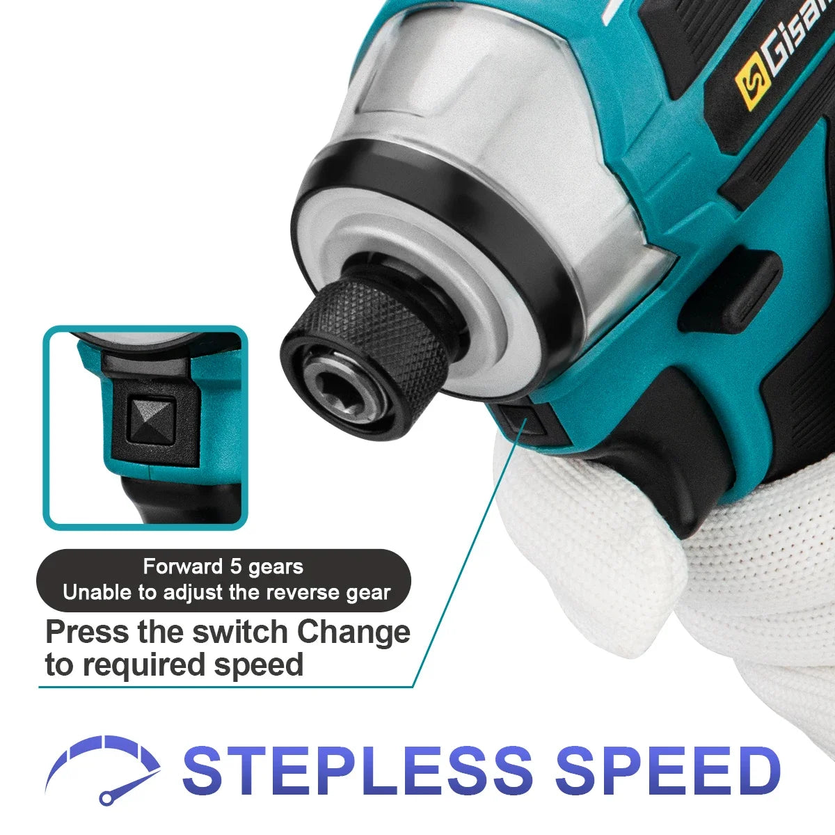 Makita 18V compatible Gisam 688N.m 1/4'' Brushless Electric Screwdriver Cordless Screwdriver Electric Drill Impact Driver Kit for Makita 18V Battery Pin