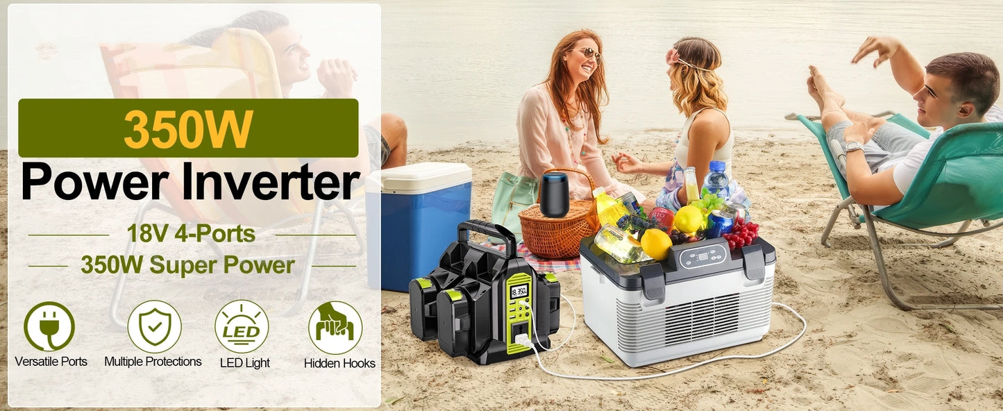 Ryobi Compatible 18V JV 350W Power Inverter for Ryobi 18V Battery 2/4-Ports DC 18V to AC 110-240V Pure Sine Wave Battery Inverter with USB-A/C LED Light