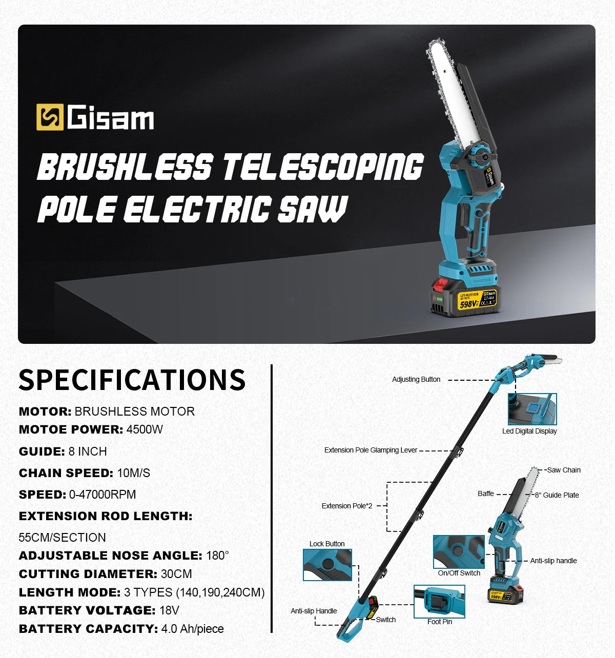 Makita 18V compatible Gisam 8Inch Brushless Telescoping Pole Electric Chainsaw High Branch Saw Garden Pruning Power Tool For Makita 18V Battery Pin
