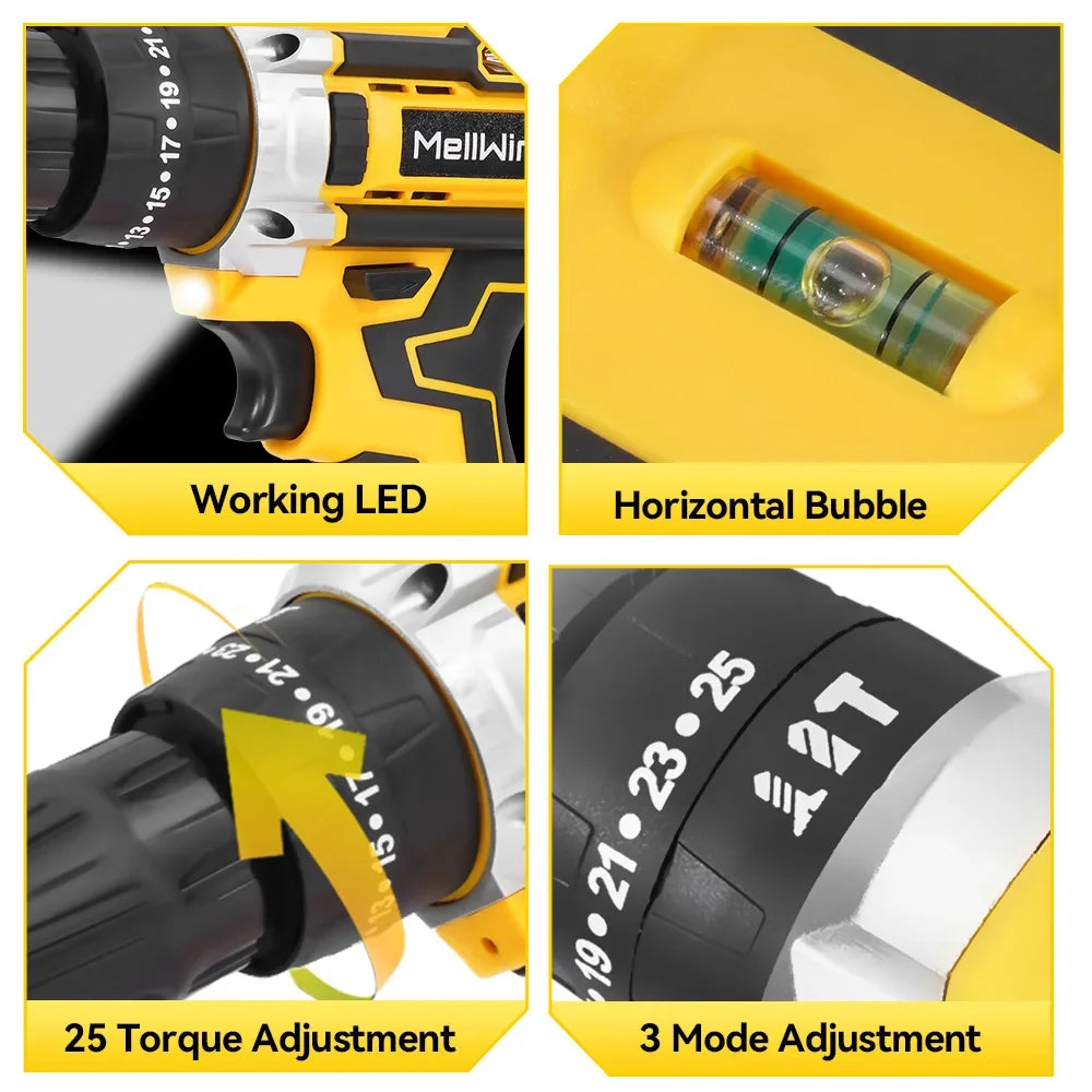 MELLWIN 25+3 Torque Electric Drill 12V Cordless Drill Electric Screwdriver 2 Gear Speed Adjustable Mini Electric Driver Tool Set