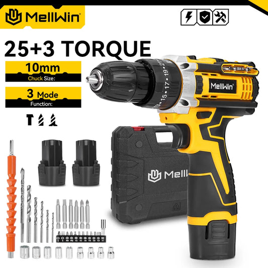 MELLWIN 25+3 Torque Electric Drill 12V Cordless Drill Electric Screwdriver 2 Gear Speed Adjustable Mini Electric Driver Tool Set
