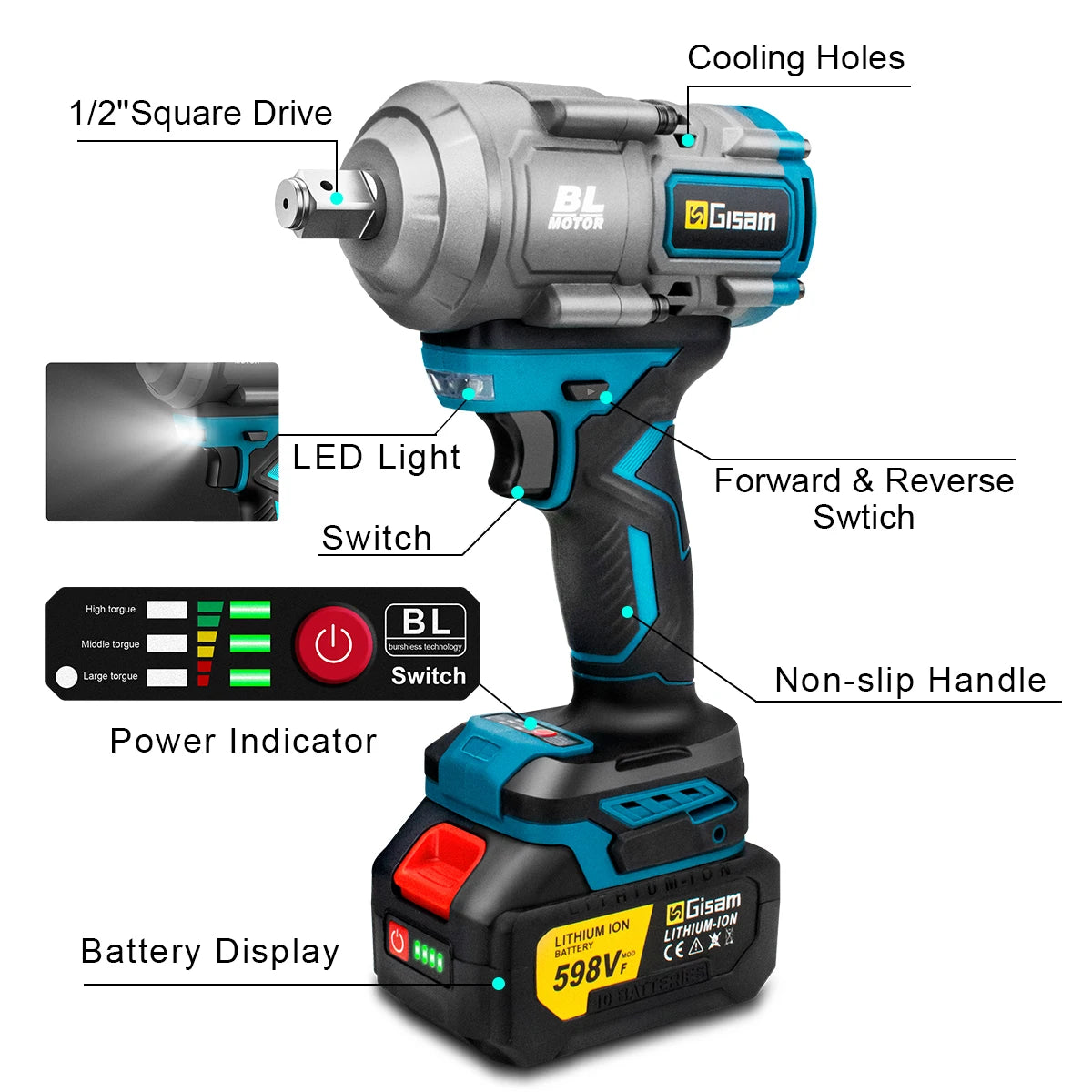 Makita 18V Compatible Gisam 2000N.M Torque Brushless Electric Impact Wrench 1/2 inch Screwdriver Cordless Wrench Power Tool For Makita 18V Battery Pin