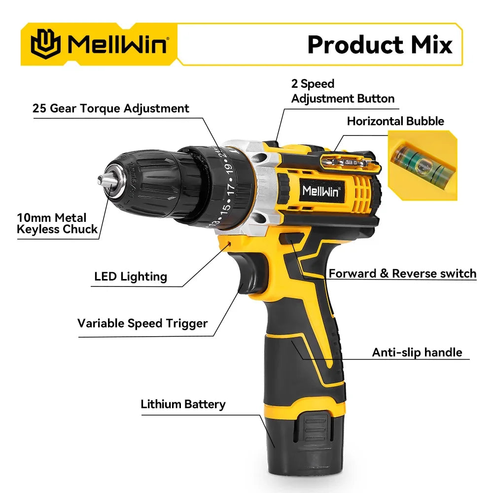 MELLWIN 25+3 Torque Electric Drill 12V Cordless Drill Electric Screwdriver 2 Gear Speed Adjustable Mini Electric Driver Tool Set
