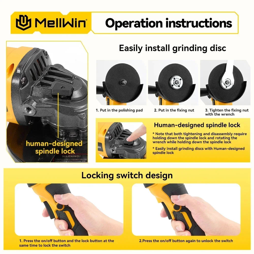 Makita Compatible 18V MELLWIN 125MM Brushless Electric Angle Grinder M14 Cordless Metal Wood Grinding Polishing Cutting Tool For Makita 18VBattery Pin