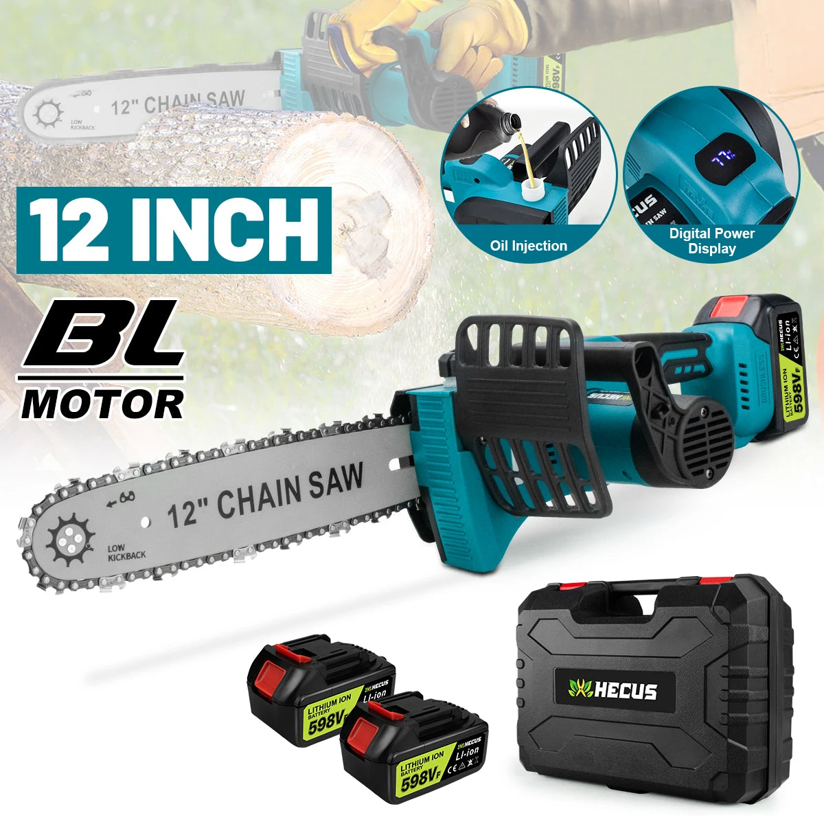 Makita Compatible 18V Gisam 12 Inch Brushless Electric Chain Saw With Oiler Cordless Handheld Chainsaw Graden Pruning Saw Power Tools for Makita 18V Battery