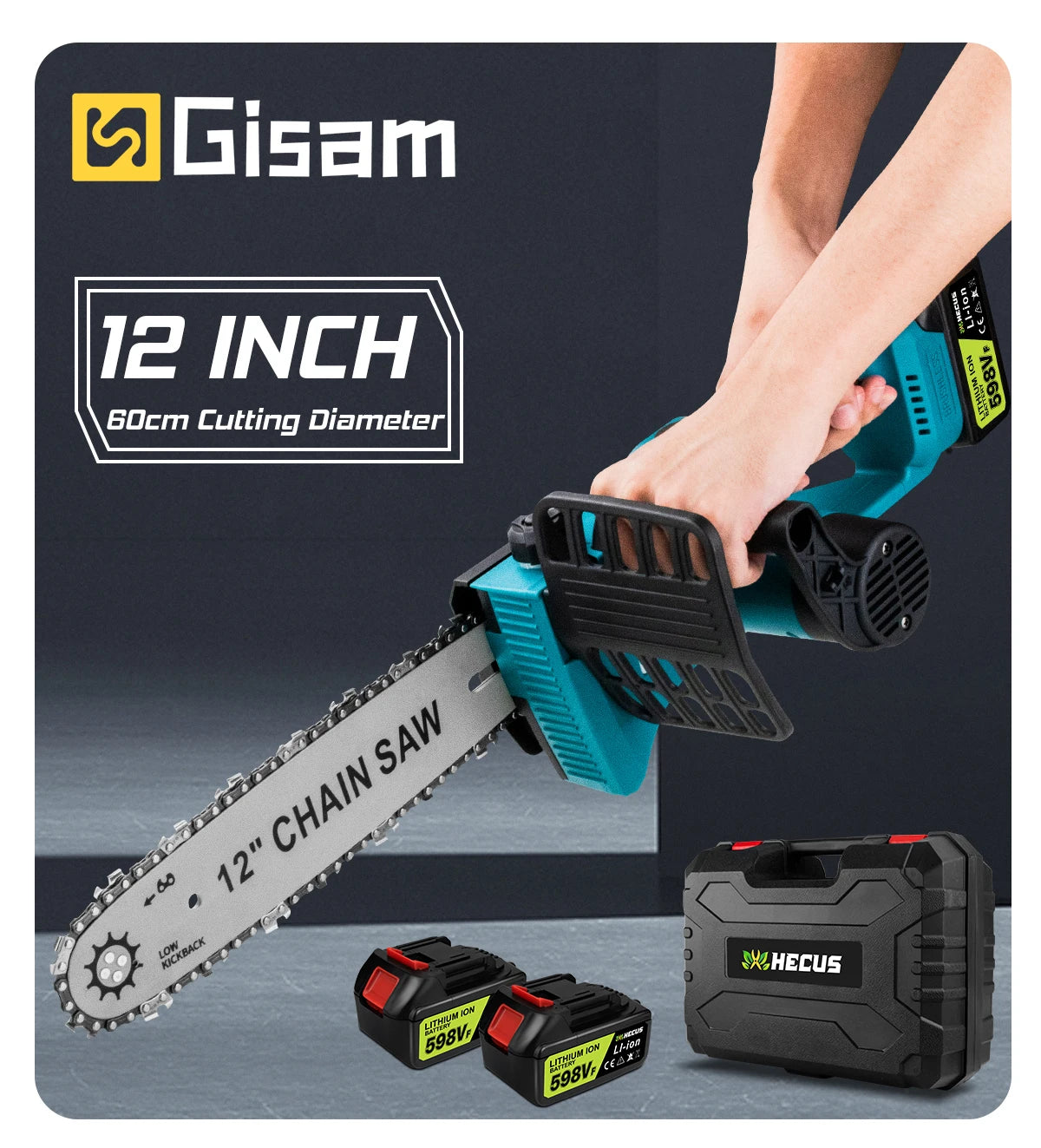 Makita Compatible 18V Gisam 12 Inch Brushless Electric Chain Saw With Oiler Cordless Handheld Chainsaw Graden Pruning Saw Power Tools for Makita 18V Battery