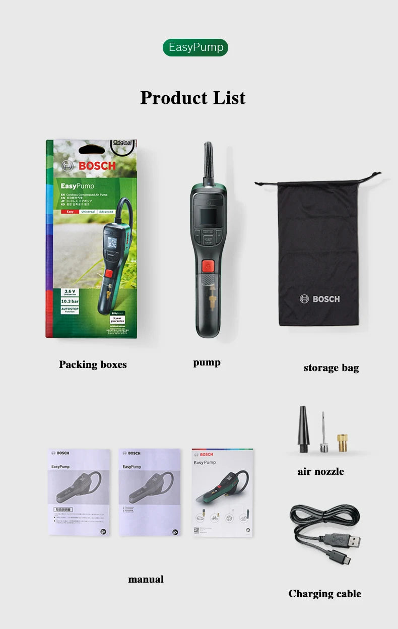 Bosch Cordless Compressed Air Pump Rechargeable Electric Pump 3.6V Portable Tire Inflatable Pump For Bicycle Car Motorcycle Ball