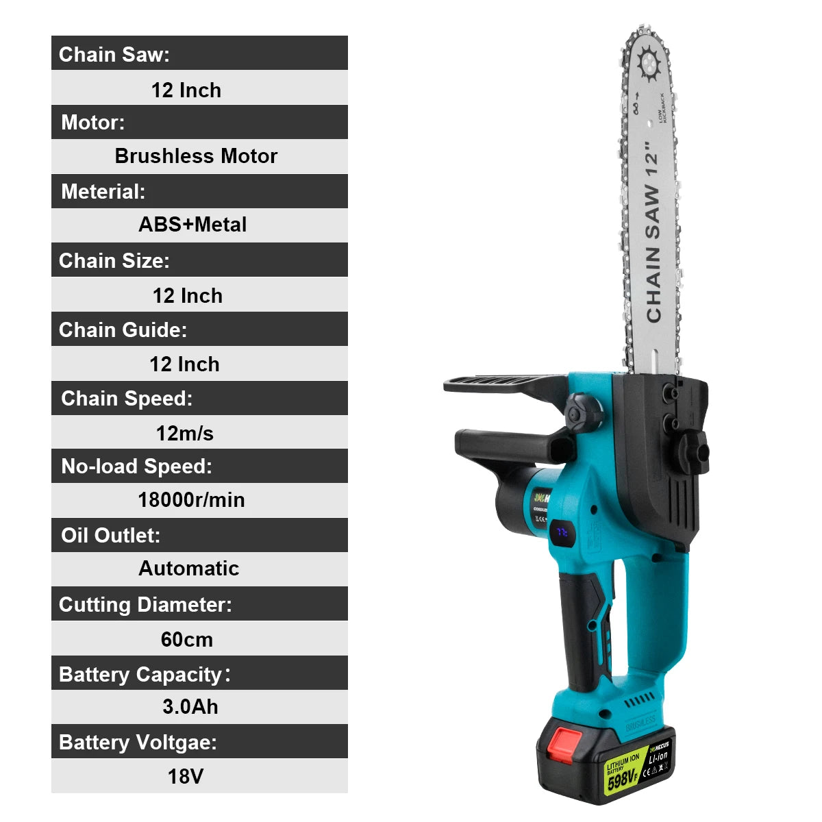 Makita Compatible 18V Gisam 12 Inch Brushless Electric Chain Saw With Oiler Cordless Handheld Chainsaw Graden Pruning Saw Power Tools for Makita 18V Battery