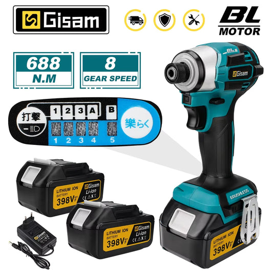 Makita 18V compatible Gisam 688N.m 1/4'' Brushless Electric Screwdriver Cordless Screwdriver Electric Drill Impact Driver Kit for Makita 18V Battery Pin