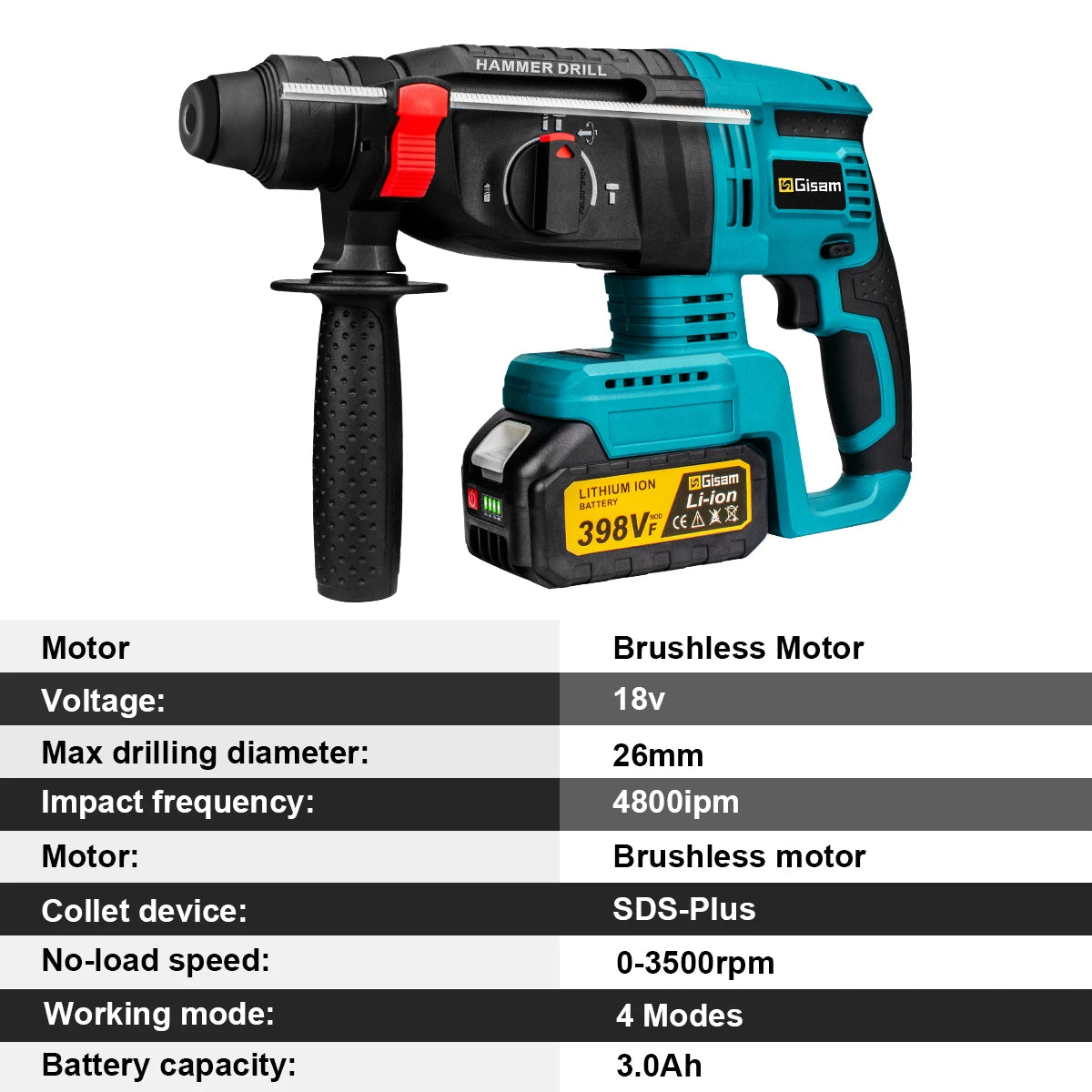 Makita 18V compatible Gisam 26mm Brushless Electric Hammer Drill Multifunctional Rotary Hammer Cordless Impact Hammer Power Tools For Makita 18V Battery Pin