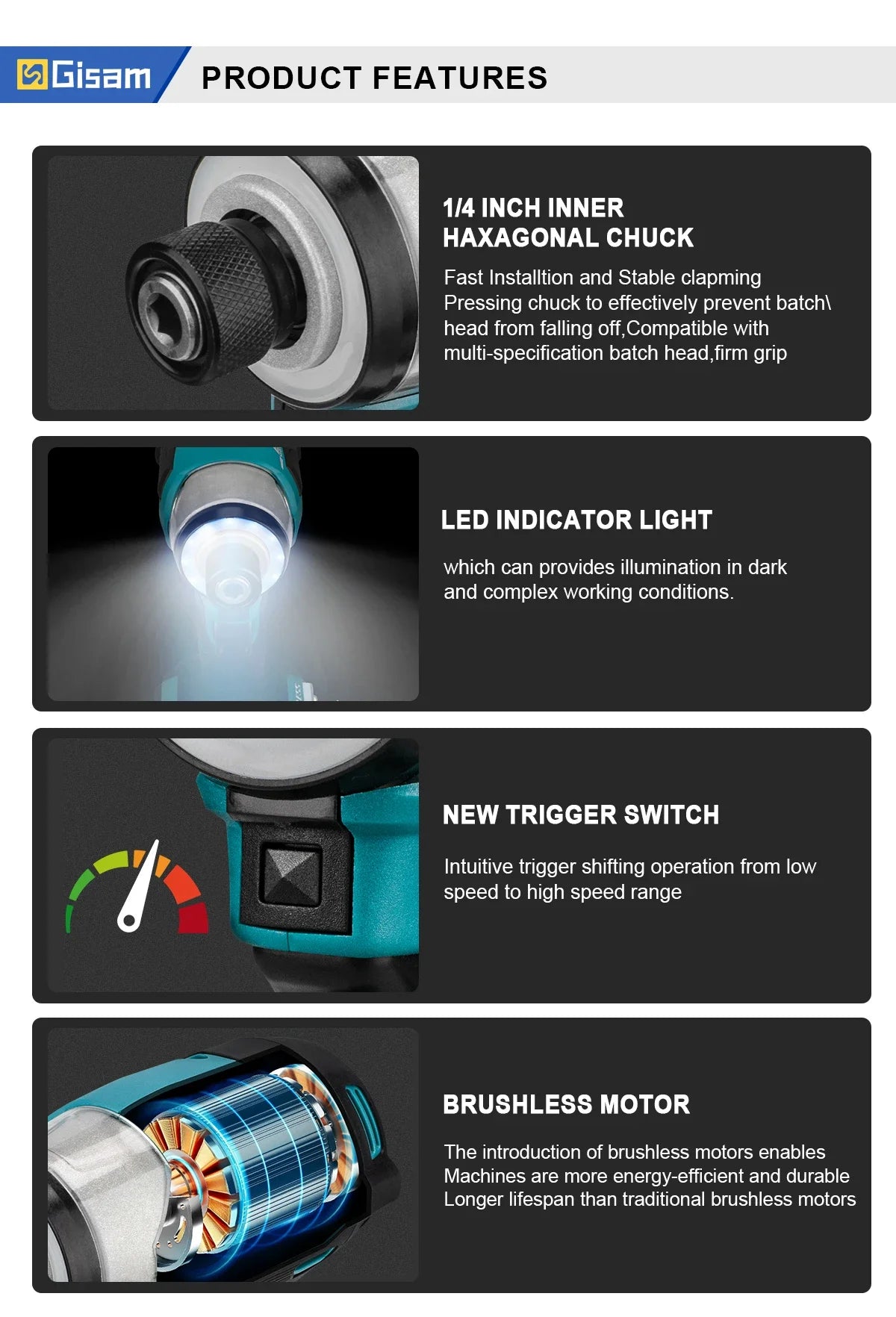 Makita 18V compatible Gisam 688N.m 1/4'' Brushless Electric Screwdriver Cordless Screwdriver Electric Drill Impact Driver Kit for Makita 18V Battery Pin