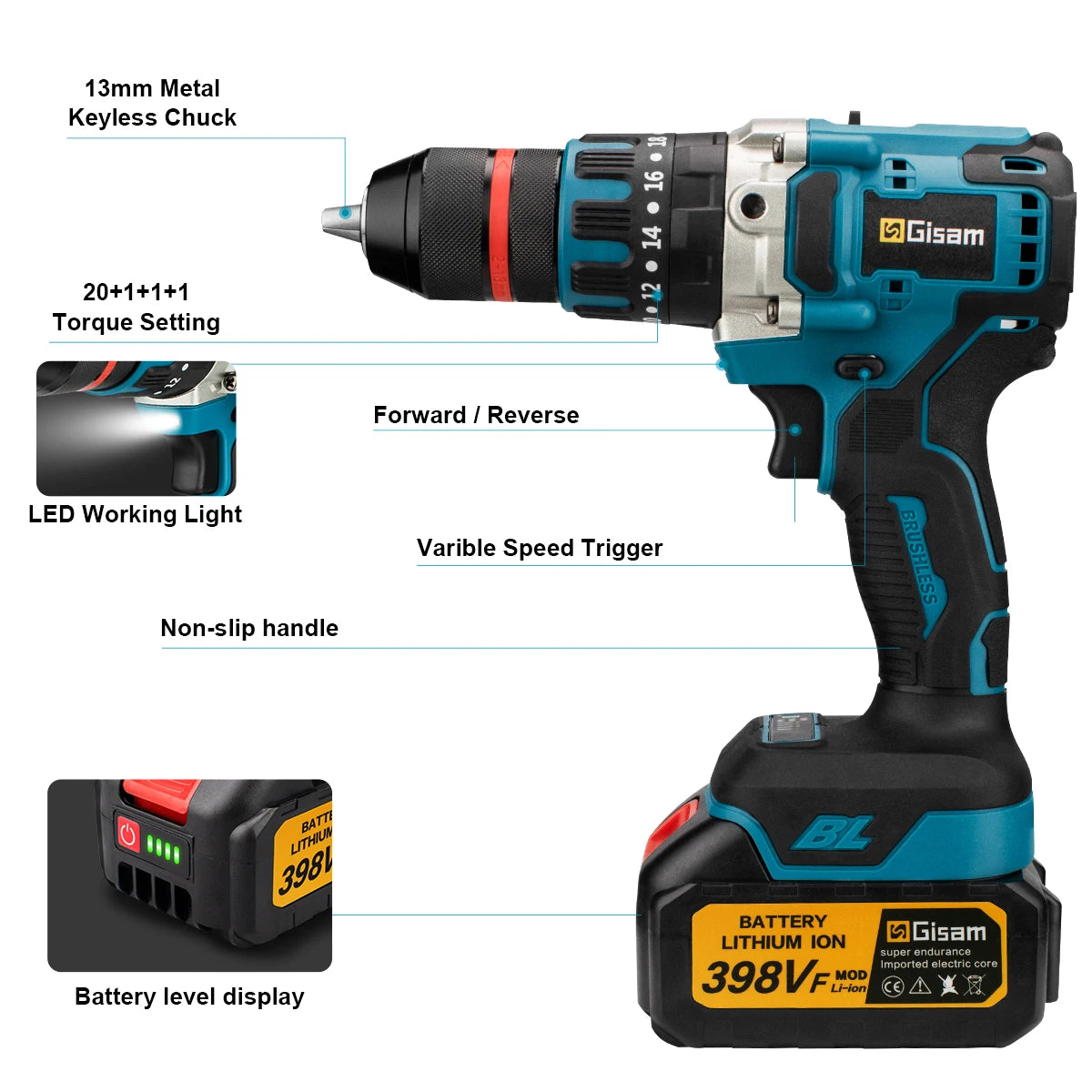 Makita Compatible 18V Gisam 13mm 480N.M Brushless Electric Impact Drill Cordless Drill Electric Screwdriver DIY Driver Power Tool for Makita 18V Battery Pin