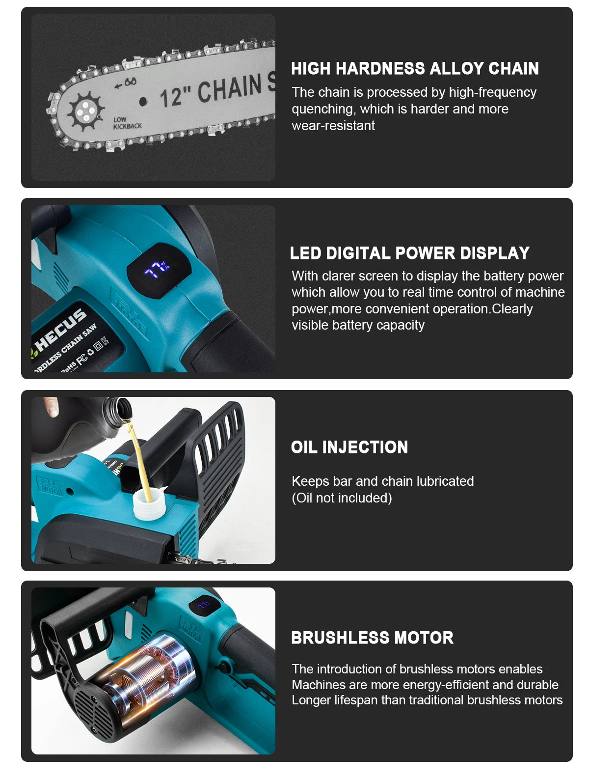 Makita Compatible 18V Gisam 12 Inch Brushless Electric Chain Saw With Oiler Cordless Handheld Chainsaw Graden Pruning Saw Power Tools for Makita 18V Battery