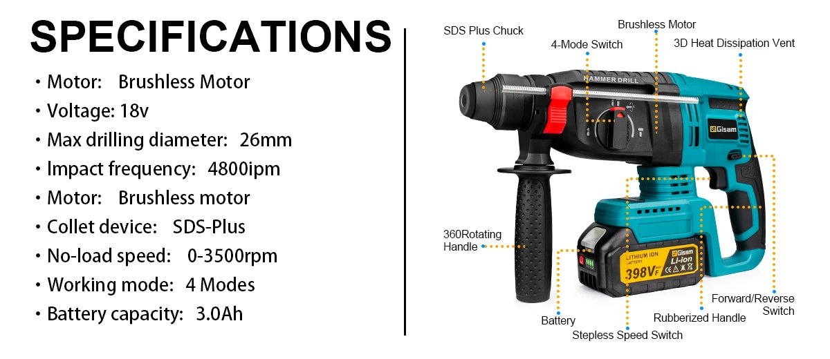 Makita Compatible 18V Gisam 26MM Brushless Electric Hammer Drill Multifunctional Cordless Rotary Hammer Impact Drill Tool For Makita 18V Battery Pin
