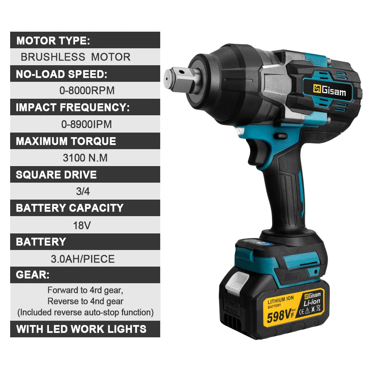 Makita compatible 18V Gisam 3100N.M High Torque Brushless Electric Impact Wrench 3/4 inch Cordless Electric Wrench Tools For Makita 18V Battery Pin
