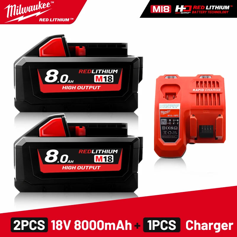Milwaukee Original M18 8.0Ah 18V M18HB8 XC HD lithium battery- 1pk, 2pk and 3pk with charger options