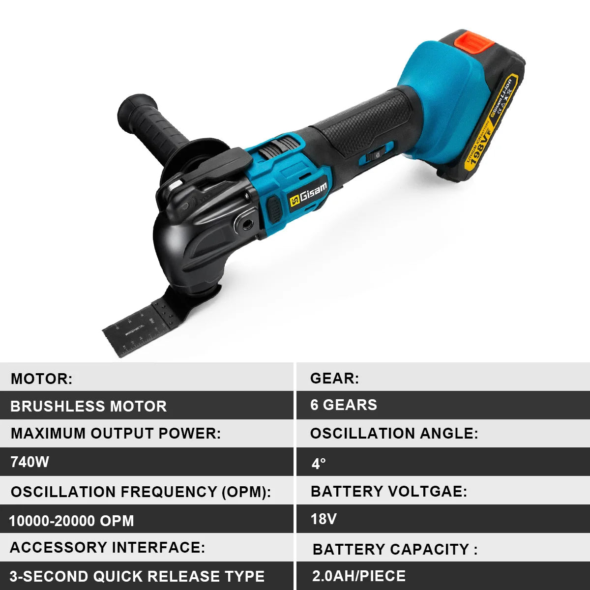 Makita Compatible 18V Gisam 20000OPM Brushless Oscillating Multi Tools Function Tool 6Gears Electric Saw Trimmer Shovel for Makita 18V Battery Pin
