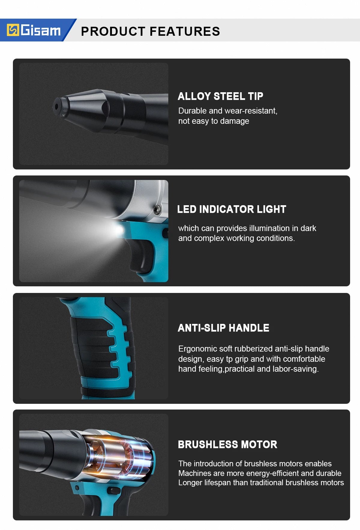 Makita compatible 18V Gisam 25000N Brushless 18V Electric Rivet Gun Cordless Rivet Nut Gun Drill Insert Automatic Riveting Tool For Makita 18V Battery Pin