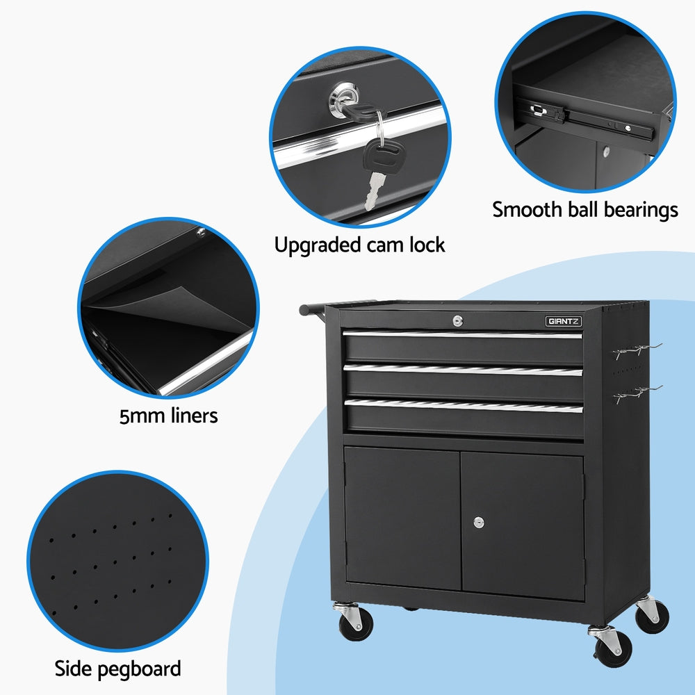 Giantz 3 Drawer Toolbox, Tool Chest and Cabinet, fully lockable- Black