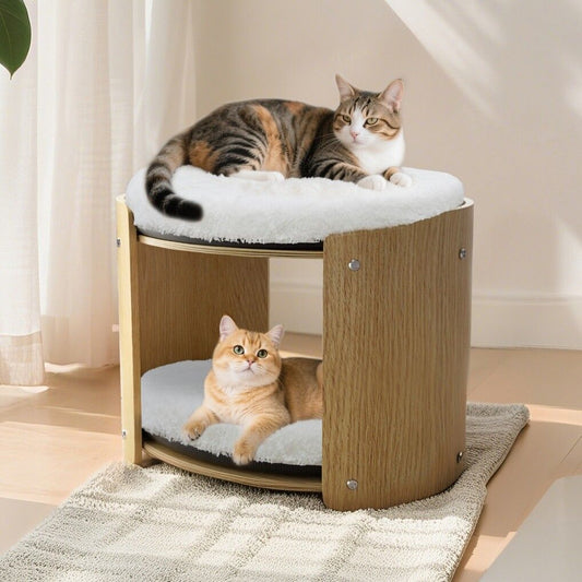 Elevated Double pet Cat Bed 2-Tier Wooden Plush Kitten Lounge