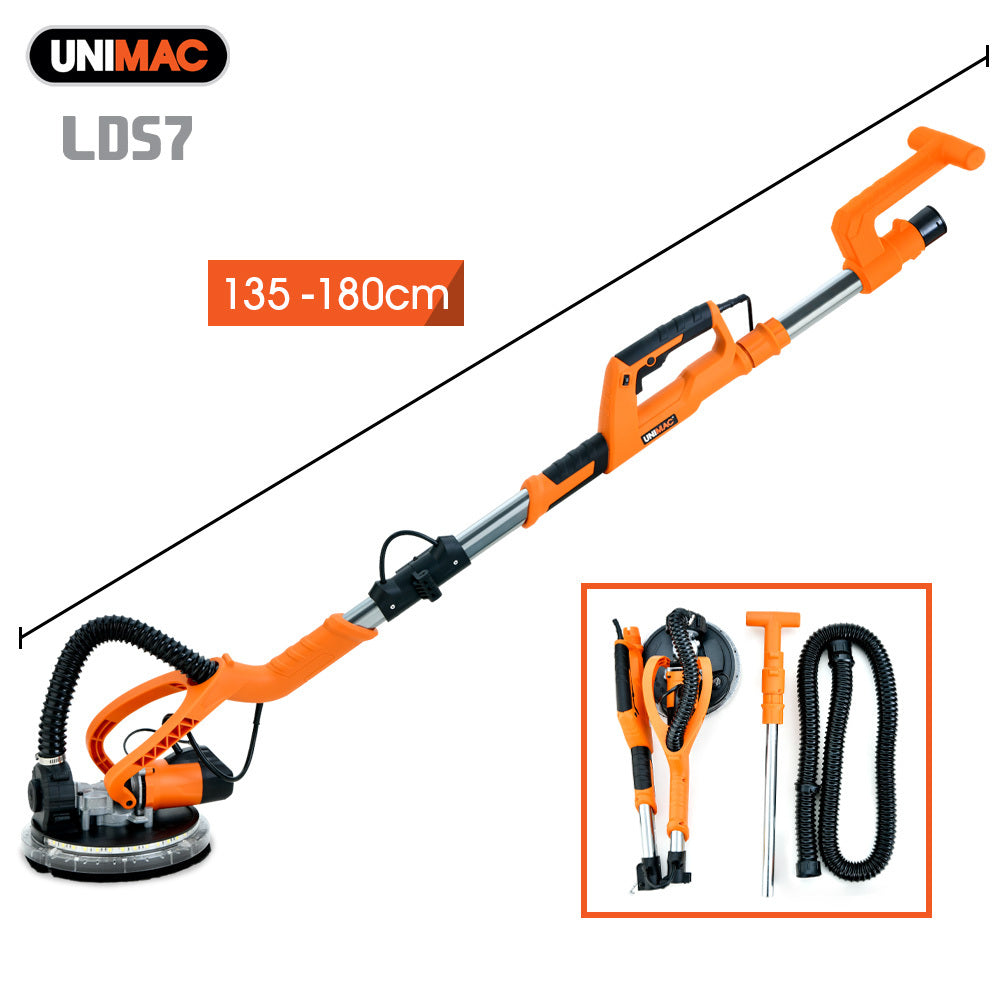 Unimac 225mm 750W Telescopic Long Reach Dry Wall Sander Kit, Foldable, Vacuum System, LED Worklight, 6x Sanding Discs.