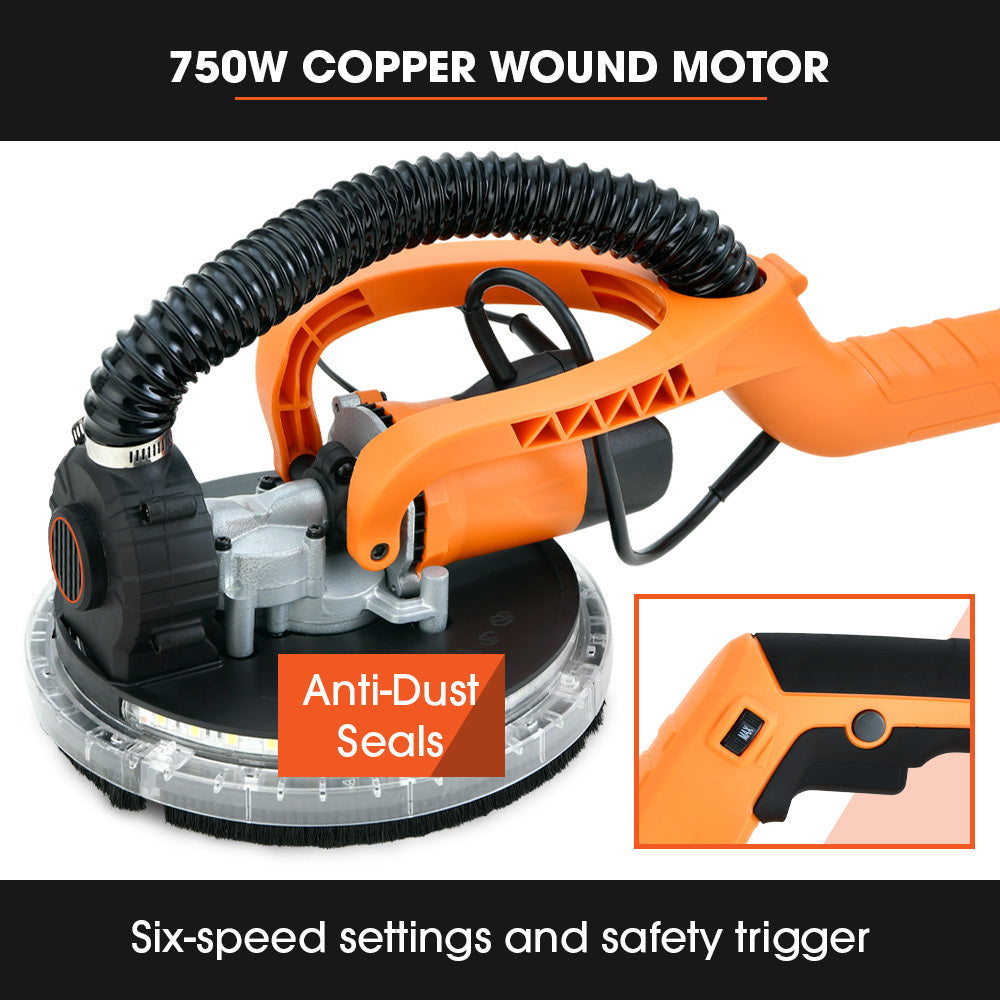 Unimac 225mm 750W Telescopic Long Reach Dry Wall Sander Kit, Foldable, Vacuum System, LED Worklight, 6x Sanding Discs.