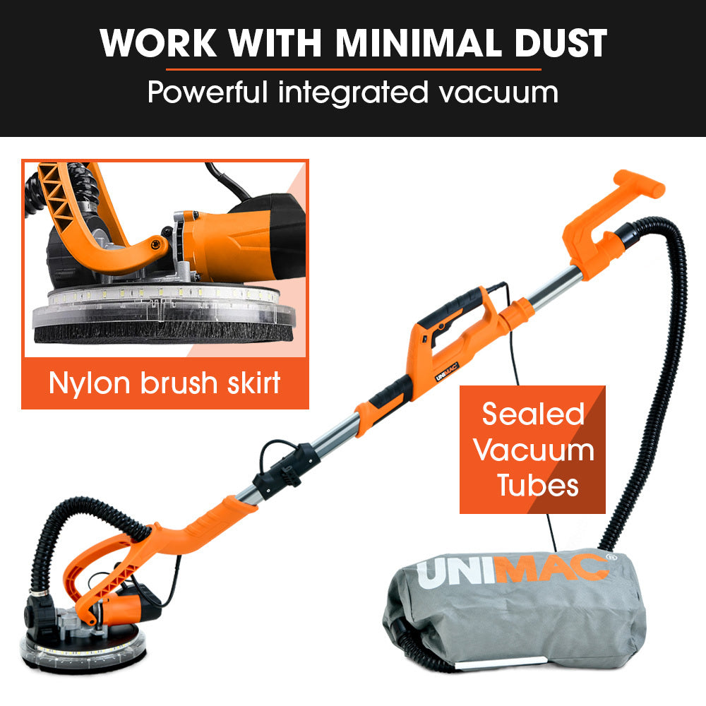 Unimac 225mm 750W Telescopic Long Reach Dry Wall Sander Kit, Foldable, Vacuum System, LED Worklight, 6x Sanding Discs.