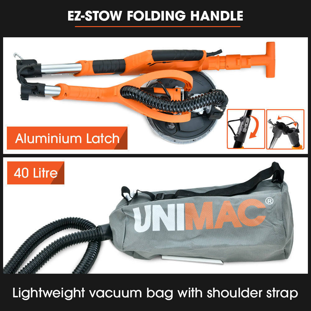 Unimac 225mm 750W Telescopic Long Reach Dry Wall Sander Kit, Foldable, Vacuum System, LED Worklight, 6x Sanding Discs.