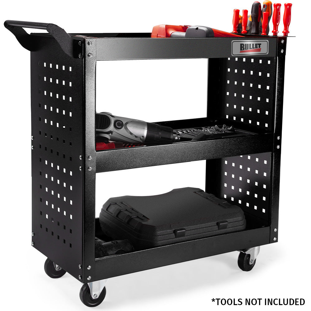 Bullet 3-Tier Steel Tool Trolley Cart, for Workshop, Mechanic, with Pegboard, Screwdriver Bay, Black.