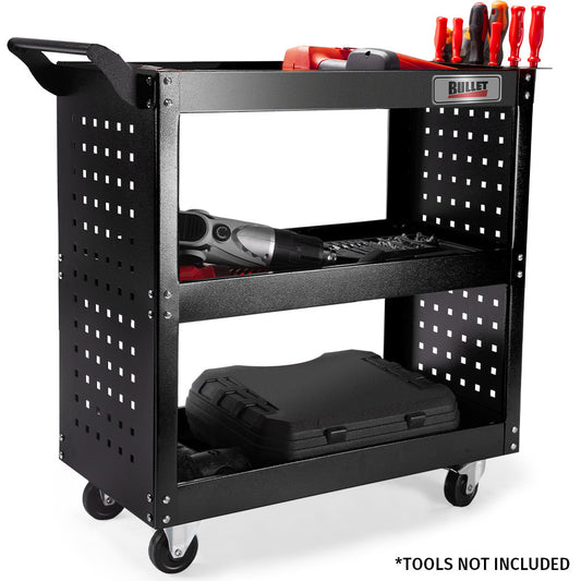 Bullet 3-Tier Steel Tool Trolley Cart, for Workshop, Mechanic, with Pegboard, Screwdriver Bay, Black.