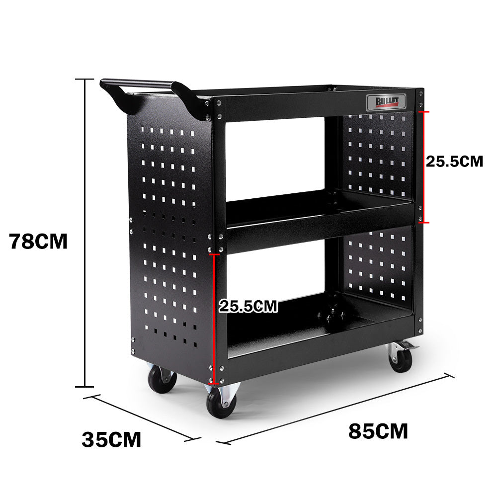 Bullet 3-Tier Steel Tool Trolley Cart, for Workshop, Mechanic, with Pegboard, Screwdriver Bay, Black.