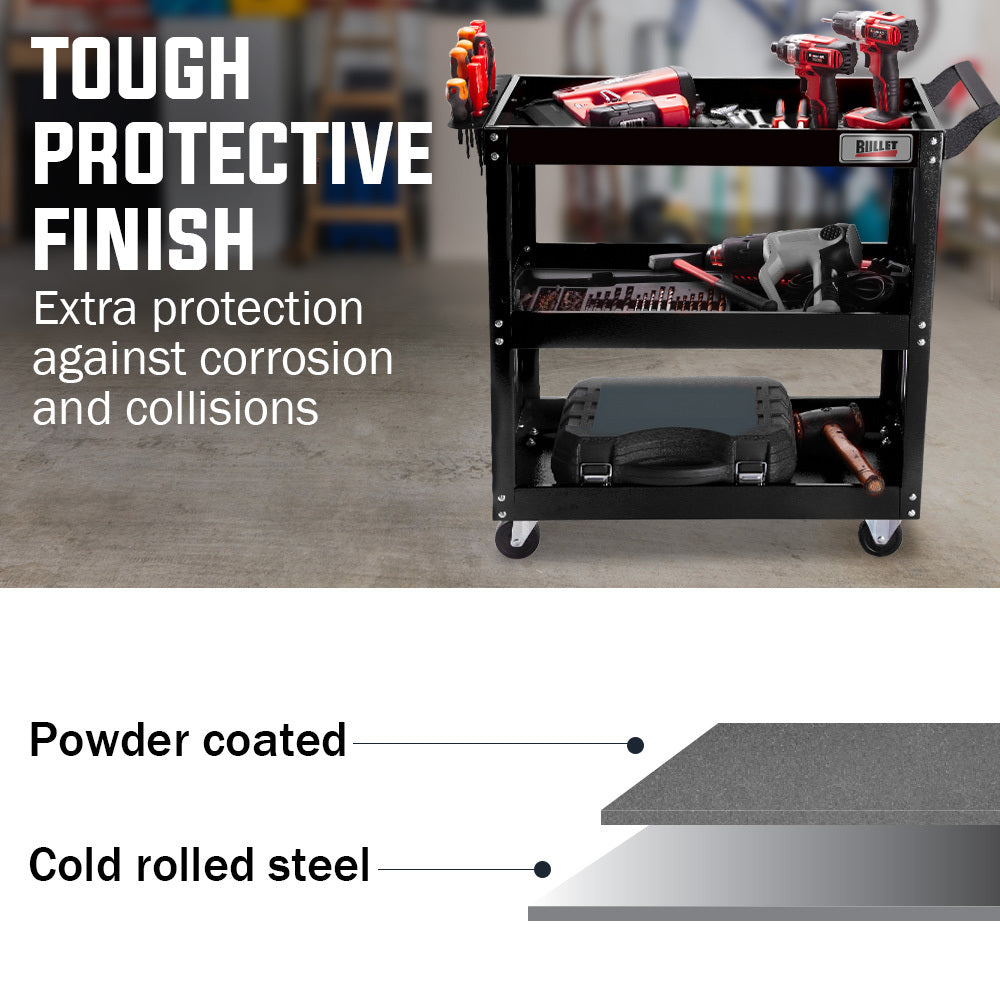 Bullet 3-Tier Steel Tool Trolley Cart, for Workshop, Mechanic, with Pegboard, Screwdriver Bay, Black.