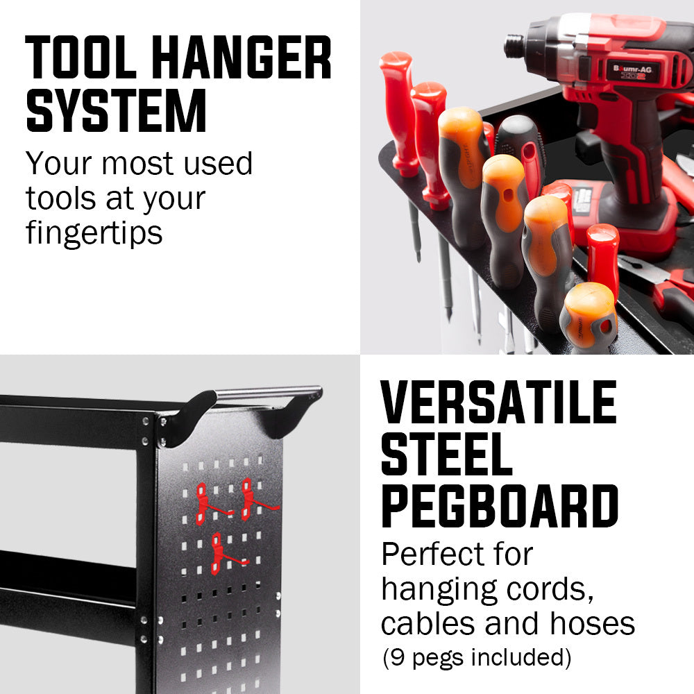 Bullet 3-Tier Steel Tool Trolley Cart, for Workshop, Mechanic, with Pegboard, Screwdriver Bay, Black.